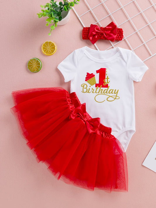 3pcs Baby Girls 1st Birthday Onesie & Mesh Skirt Set