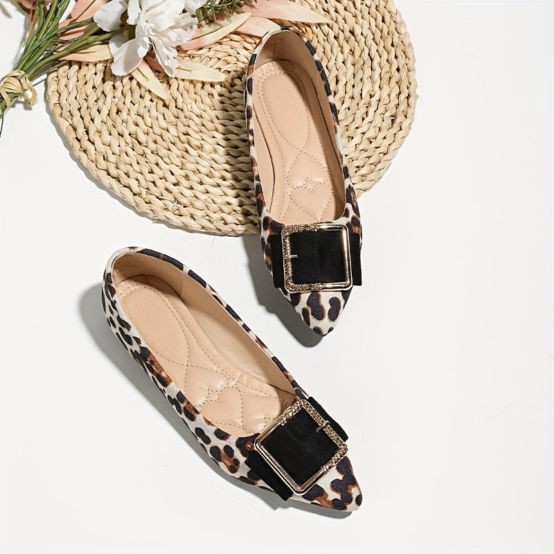 Leopard Print Flat Shoes Point Toe Dress Shoes Lightweight Square Buckle Decor