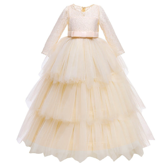 Mesh Puffy Princess Dress Girls Lace Long Sleeve Wedding Dress