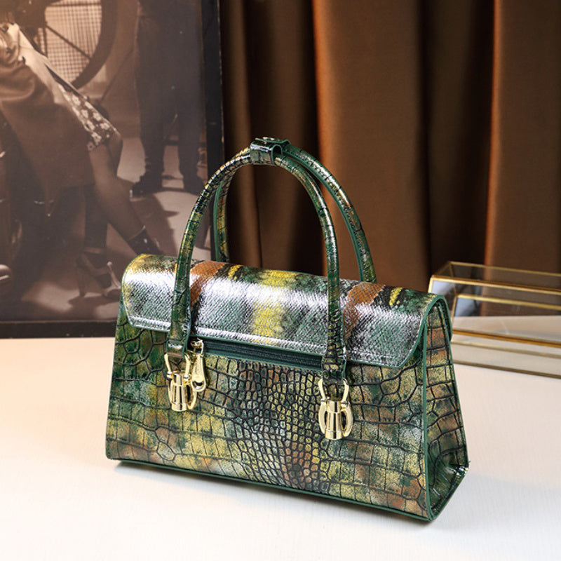 Stylish Green Women's Handbag Shoulder & Handbag Split Leather Magnetic Closure