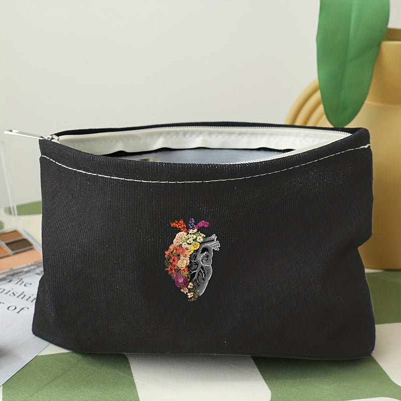 Halloween Flower Heart Print Cosmetic Bag Gothic Zipper Travel Storage Bag