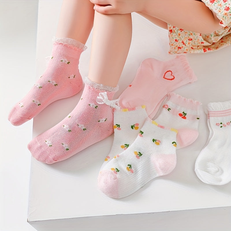 5 Pairs Girls Heart Floral Socks for Spring and Summer