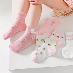 5 Pairs Girls Heart Floral Socks for Spring and Summer