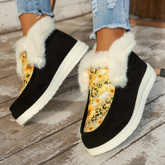 Sunflower Print Furry Snow Boots Plush Lined Warm Loafers