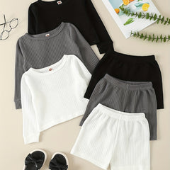 Girl's Solid 2pcs Long Sleeve Top & Shorts Set Waffle Texture Outfit
