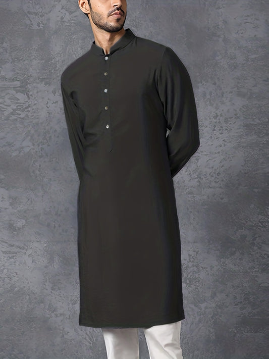 INCERUN Vintage Arab Long Sleeve Shirt Solid Robe Men Stand Collar