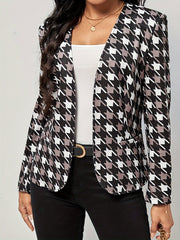  Houndstooth Print Long Sleeve Open Front Blazer