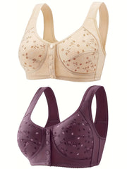 2pcs Floral Print Wireless Bras Front Buckle Bra Women's Lingerie