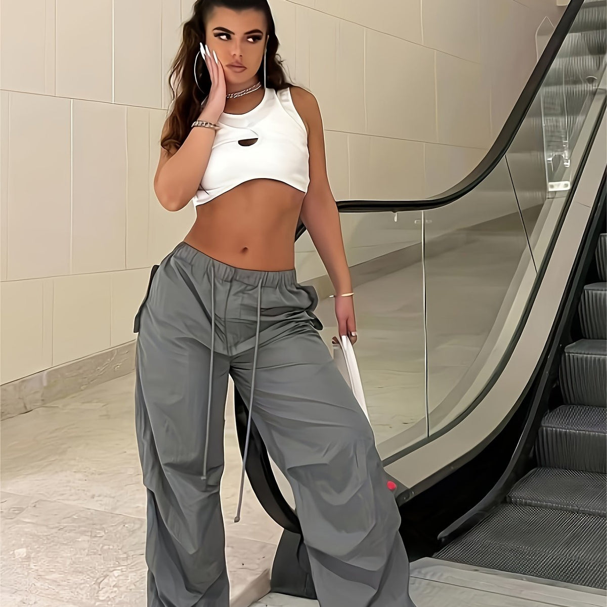  Drawstring High Rise Wide Leg Pants