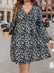  Leopard Print Long Sleeve V Neck Smock Dress