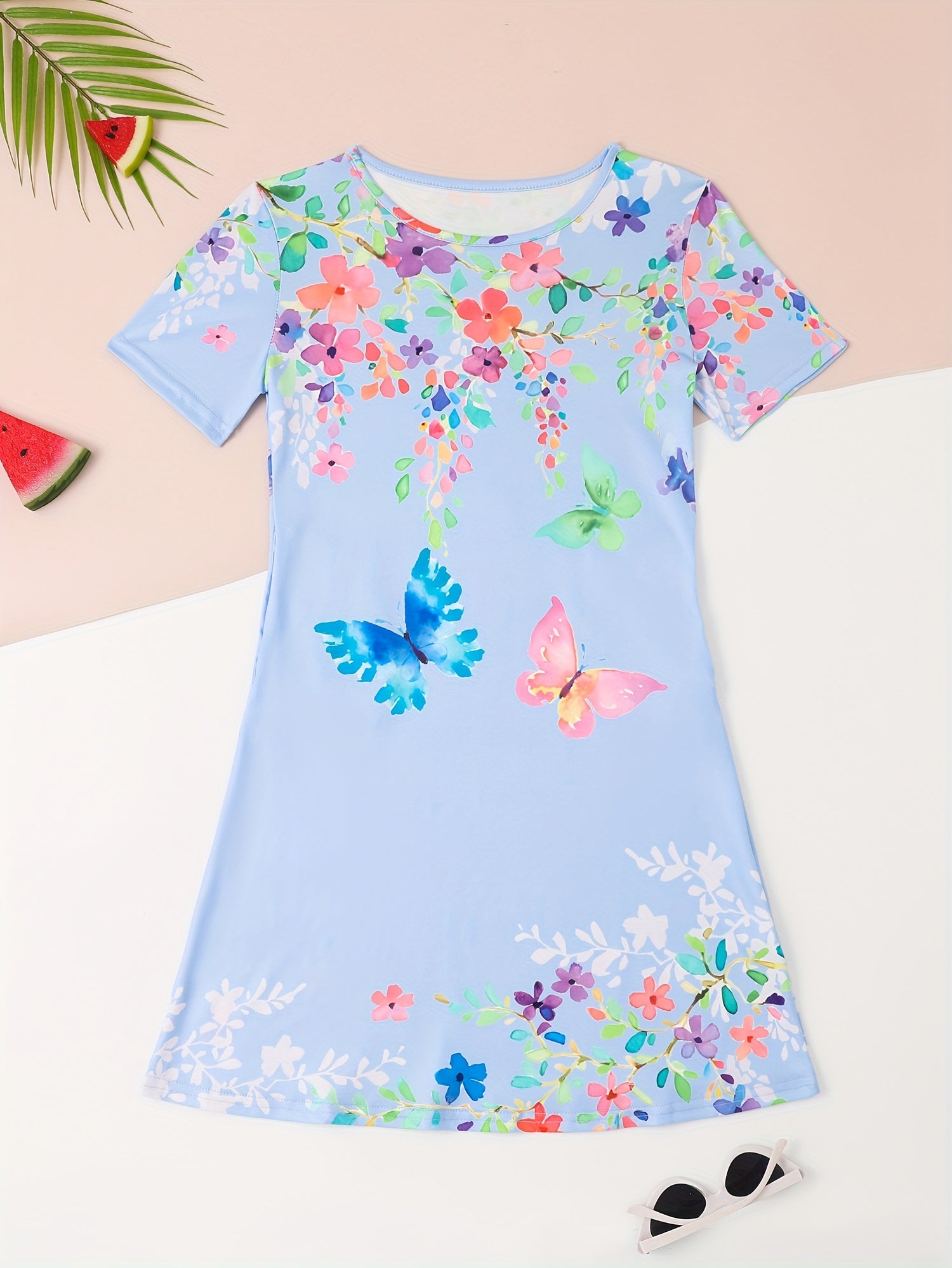 Butterfly Graphic Short Sleeve Dress Girls Summer