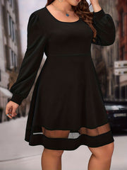  Casual Dress Solid Contrast Mesh Long Sleeve Square Neck