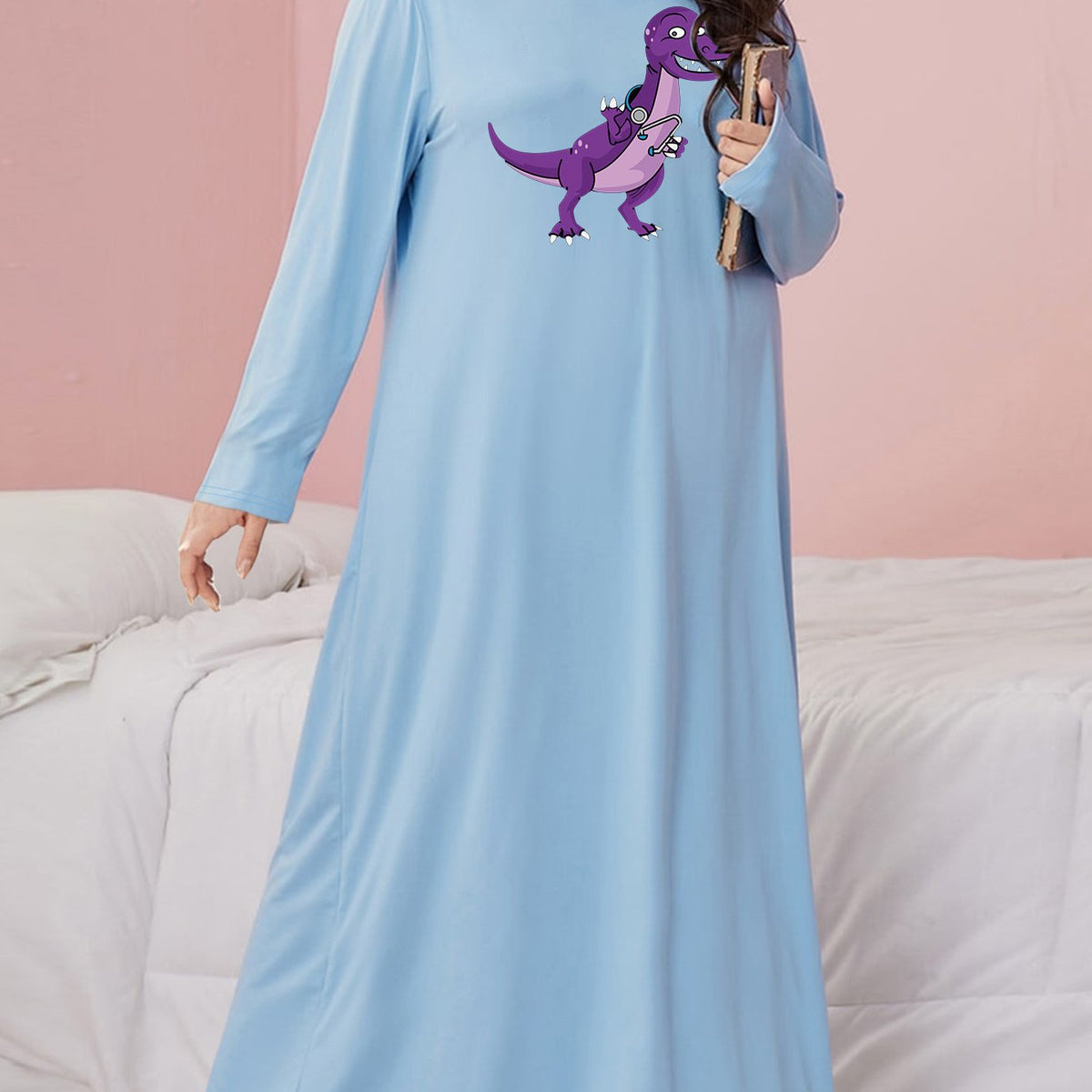  Cartoon Dinosaur Print Long Sleeve Tee Sleep Dress