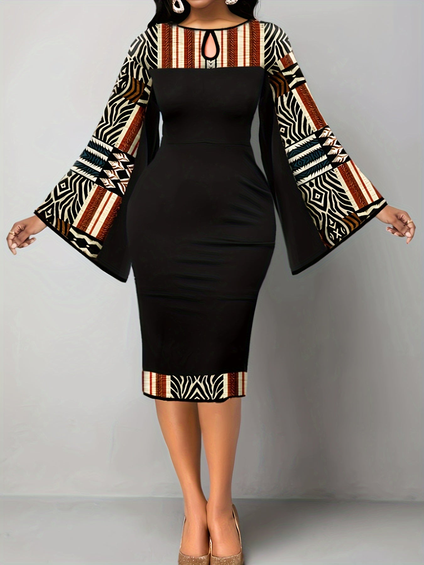 Geometric Print Bell Sleeve Midi Dress