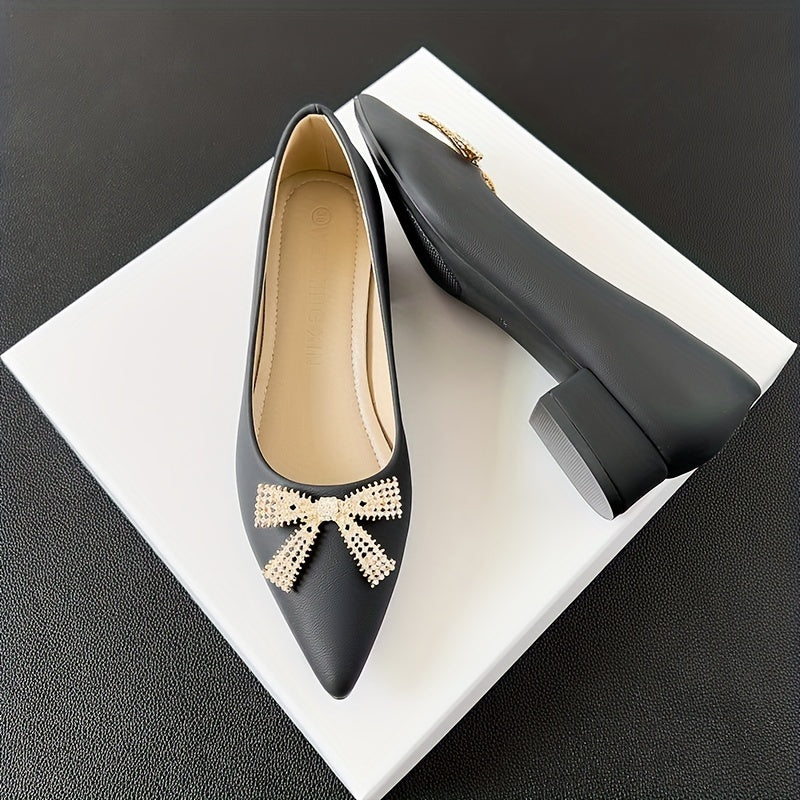 Women's Rhinestone Bowknot Slip-On Low Heel Point Toe Shoes
