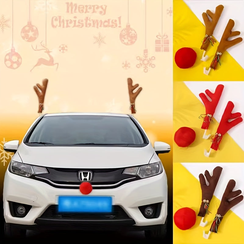 Christmas Car Reindeer Antlers Kit Red Nose Bell