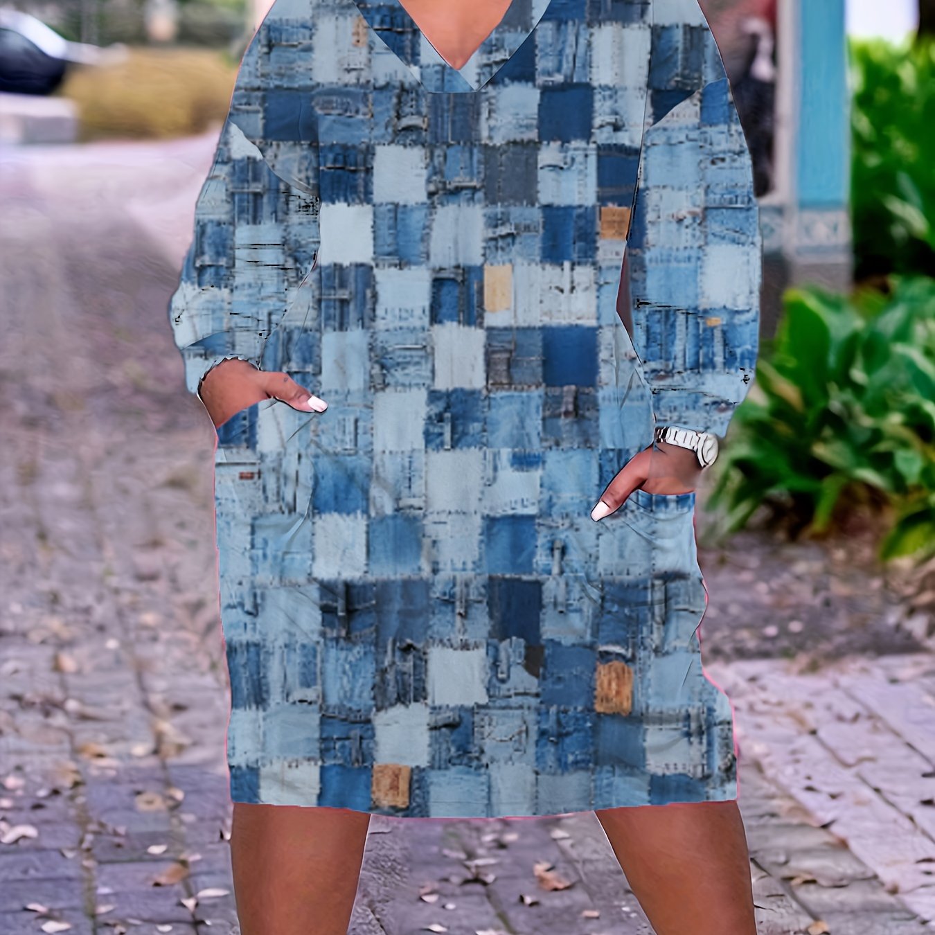  Denim Print Long Sleeve V Neck Dress With Pockets