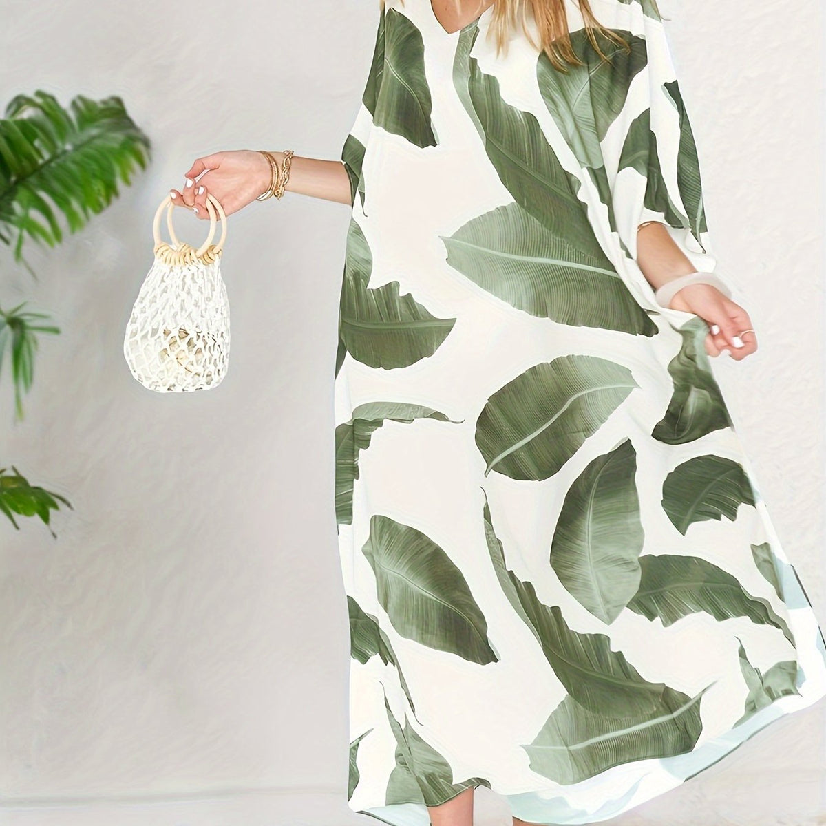  Tropical Print V Neck Split Cover Up Dress