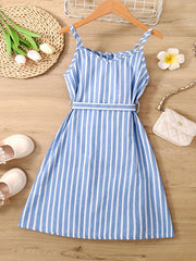 Girls Striped Button Front Belt Dress Casual Vacation Kids Clothes