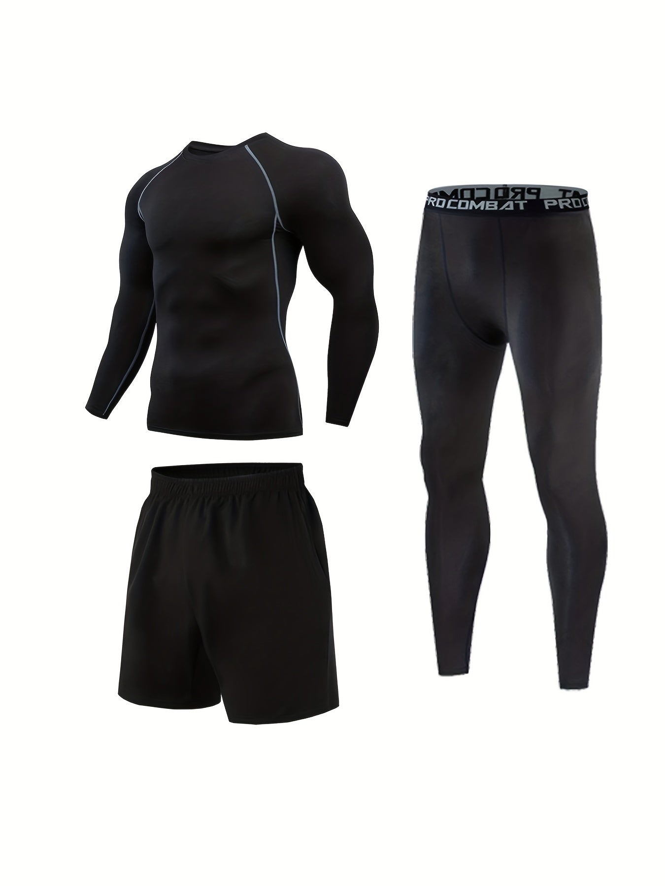 Men's Compression Crew Neck Shirt & Pants 3-Piece Set for Outdoor Fitness