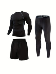 Men's Compression Crew Neck Shirt & Pants 3-Piece Set for Outdoor Fitness
