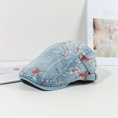 Y2K Washed Denim Newsboy Hat Beret Vintage Lightweight British Style Painter Hat