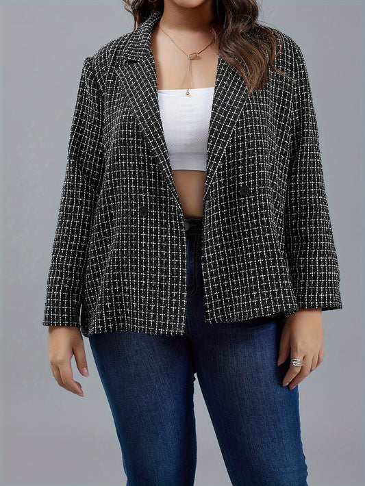  Grid Print Button Lapel Collar Blazer
