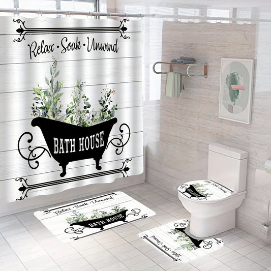 Rustic Flower Plant Bath Curtain Set - Eucalyptus Leaf Spring Theme