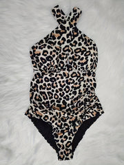  Sexy Leopard Print Halter Neck One Piece Swimsuit