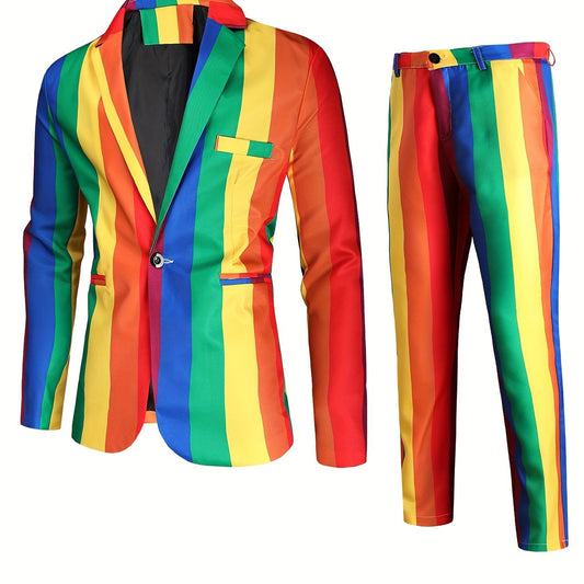 Print Suit Set Men's One Button Lapel Jacket & Pants Suit Set