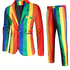 Print Suit Set Men's One Button Lapel Jacket & Pants Suit Set