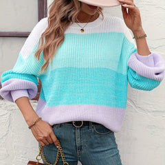  Colorblock Lantern Sleeve Round Neck Sweater