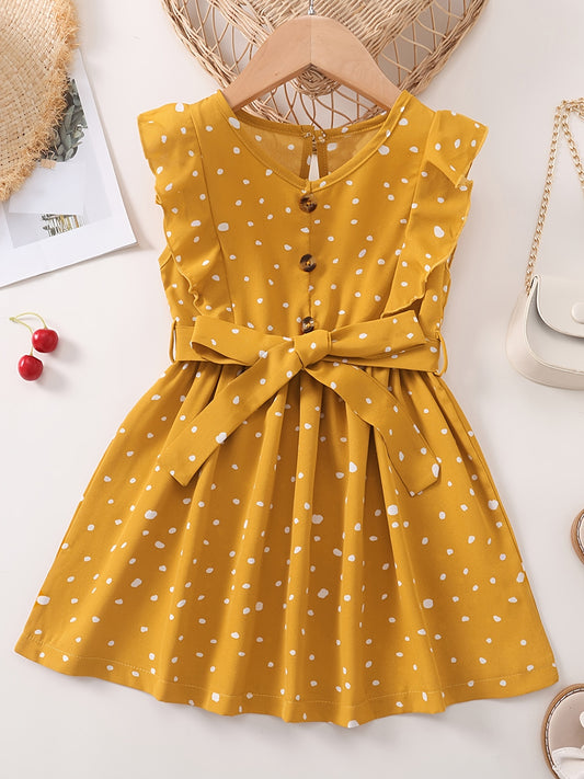 Girls Sleeveless Ruffles Button Polka Dot Belted Dress For Party