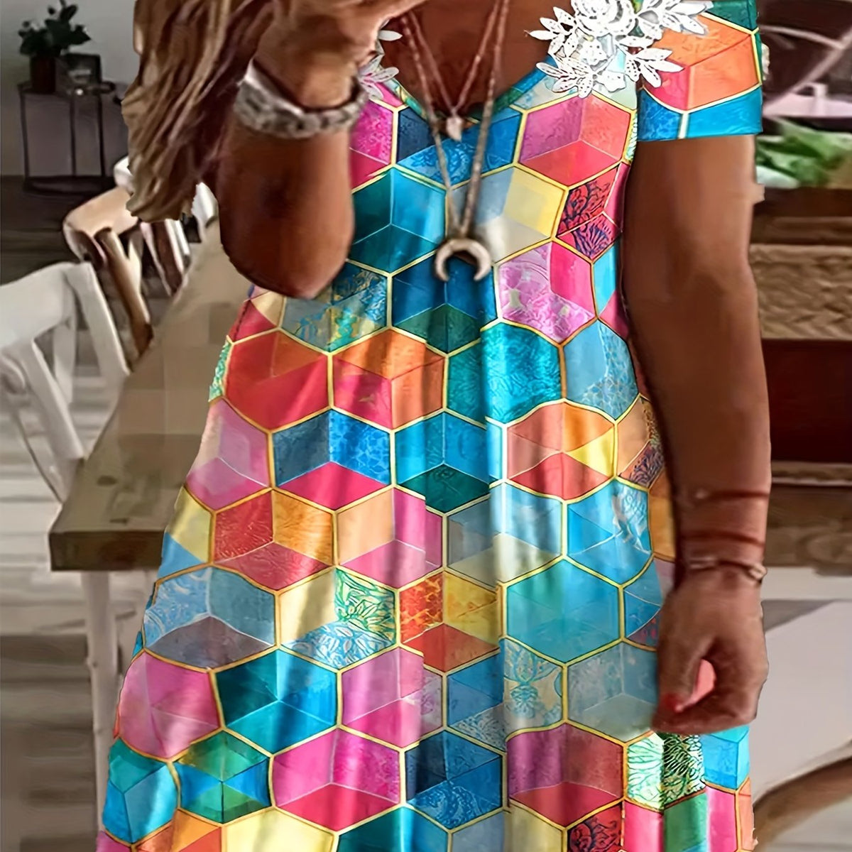  Colorblock Geometric Print Contrast Lace Panel V Neck Dress