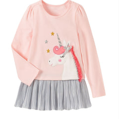Girls Unicorn Cartoon Print Patchwork Dress