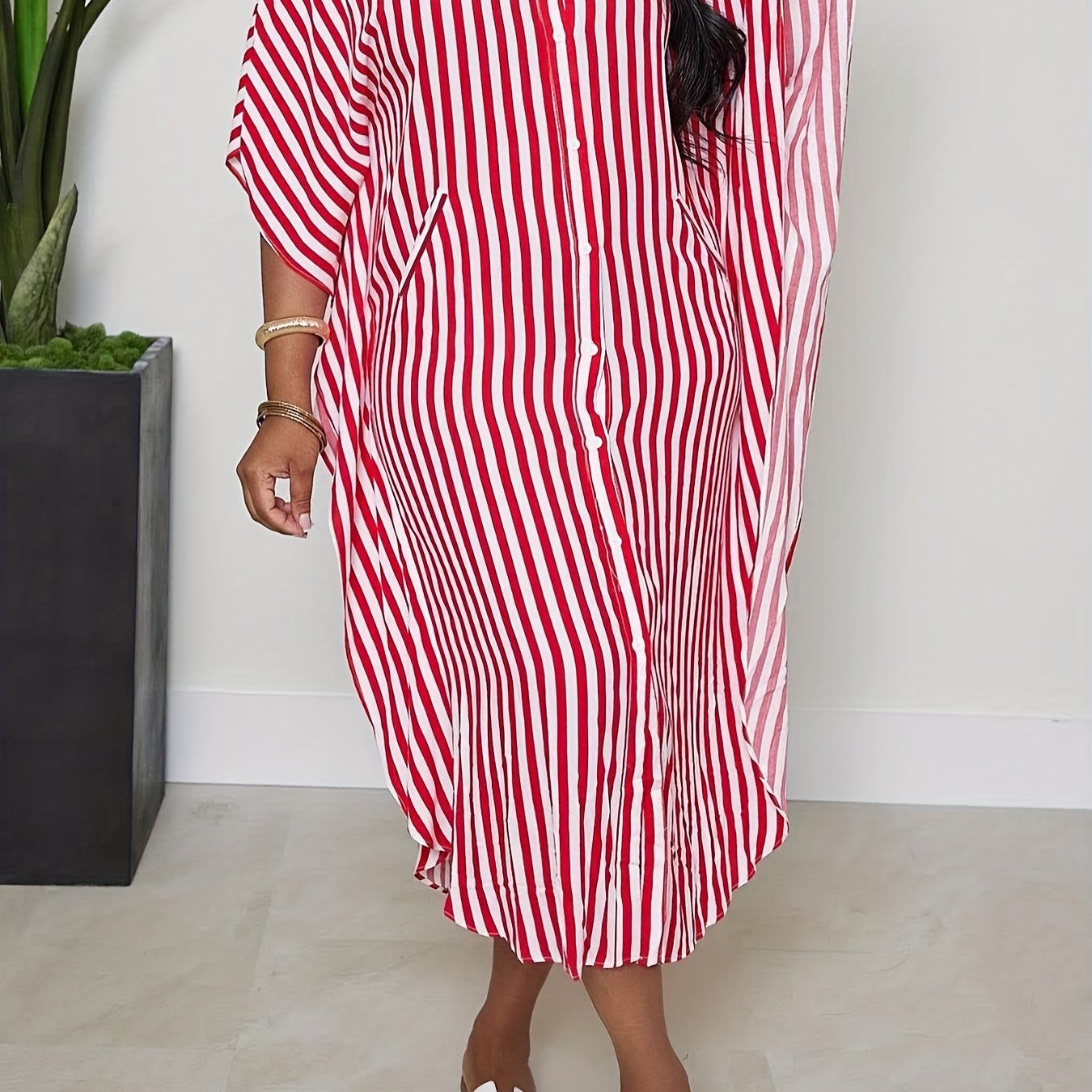  Stripe Print Maxi Shirt Dress