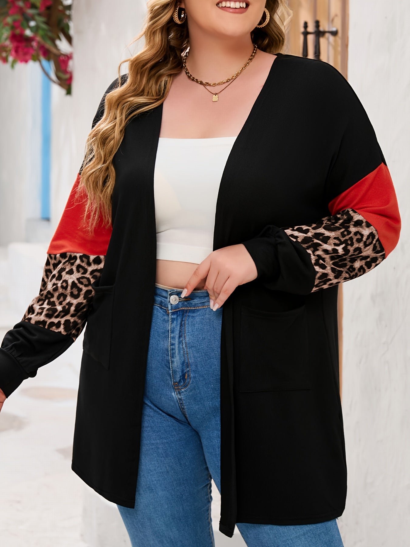  Colorblock Leopard Print Open Front Cardigan