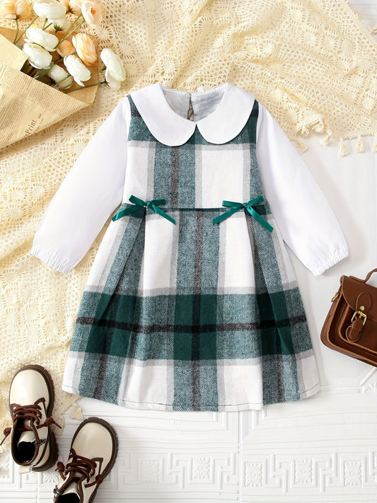 Preppy Plaid Round Collar Long Sleeve Dress For Girls