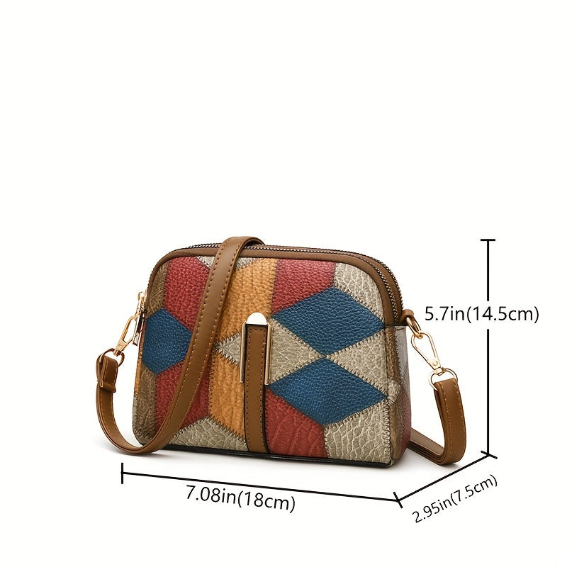 Colorblock Crossbody Bag with Rhombus Print Shoulder Purse