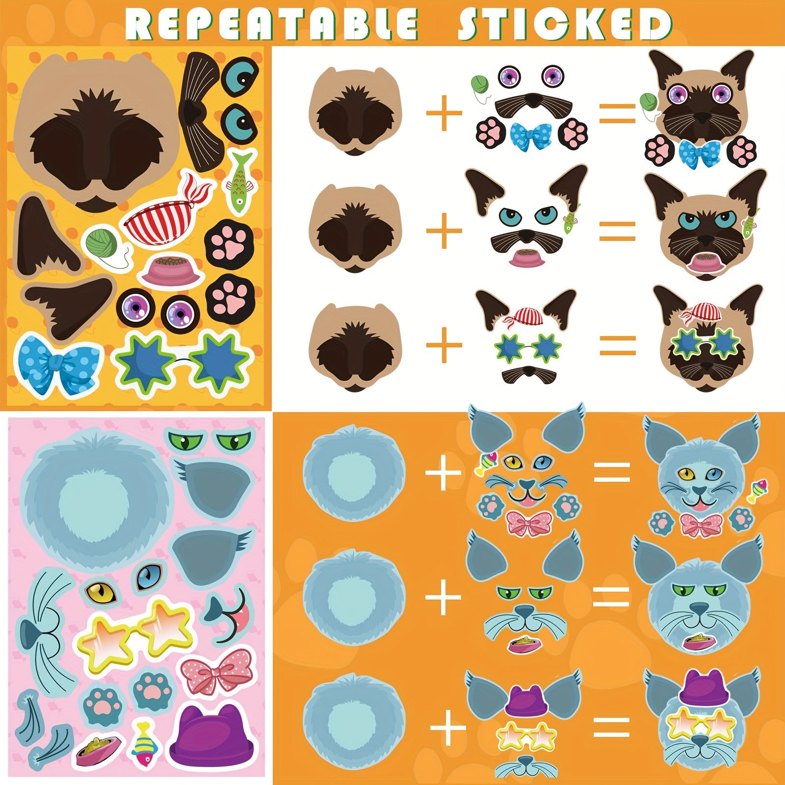 12 Sheets Cats Face Stickers Animal Birthday Gift Supplies