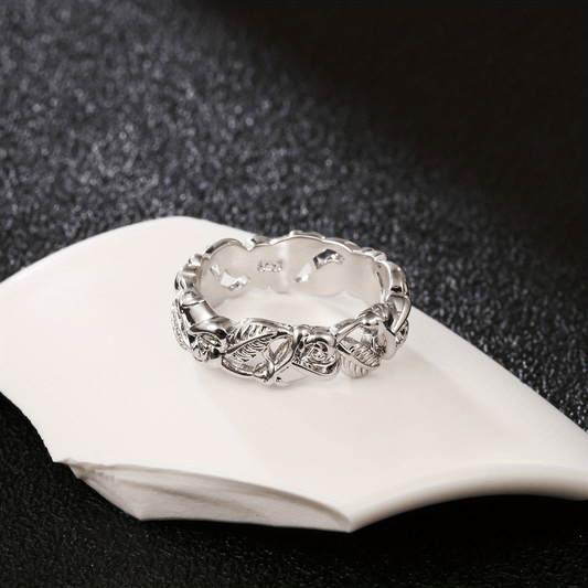 Hollowed Rose Flower And Leaf Ring