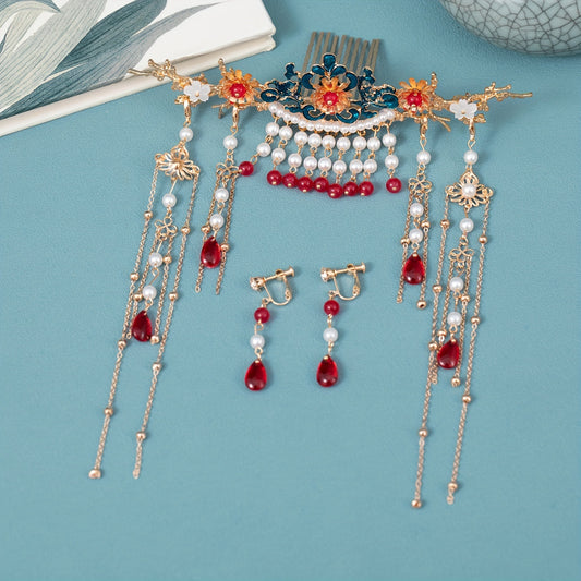 Faux Pearl & Tassel Decor Hair Comb Vintage Headwear