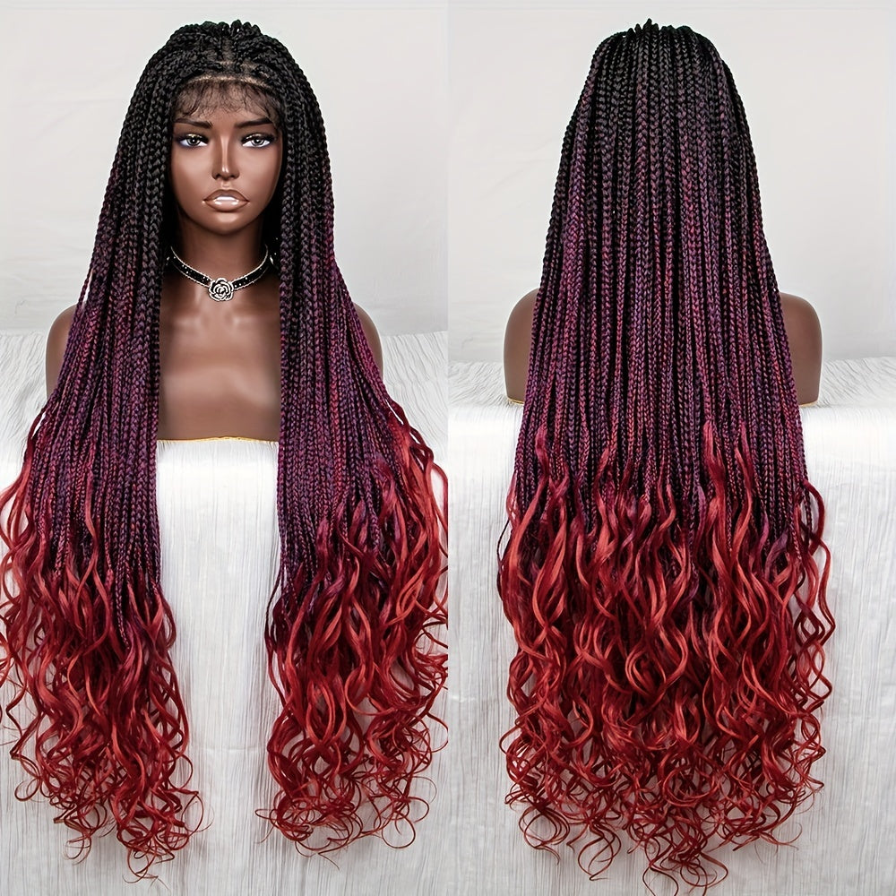 Burgundy Ombre Lace Front Braided Wig with Curly Ends