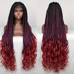 Burgundy Ombre Lace Front Braided Wig with Curly Ends