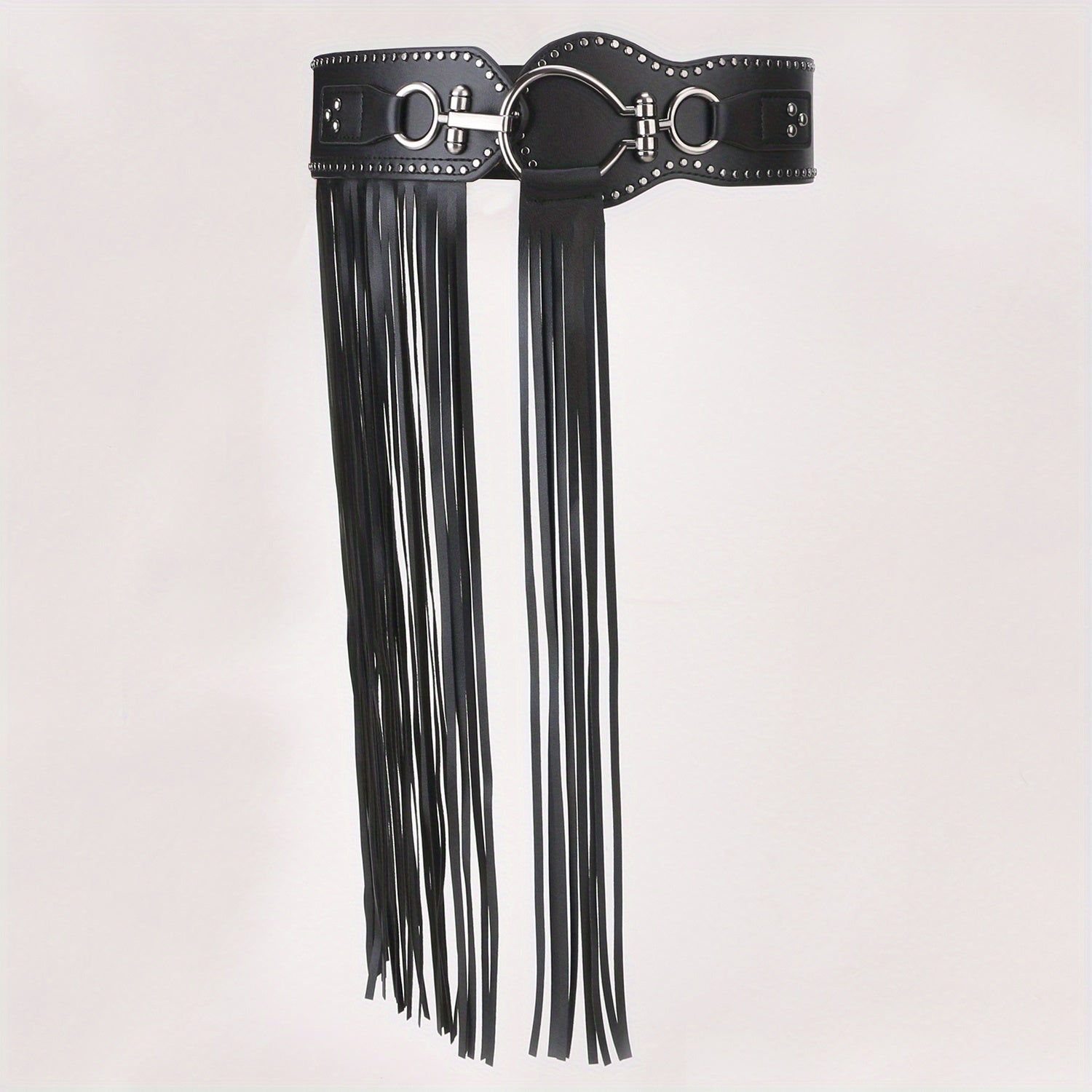  Punk Tassel Skirt PU Belt Rivet Decor Wide Waistband Fringe Girdle