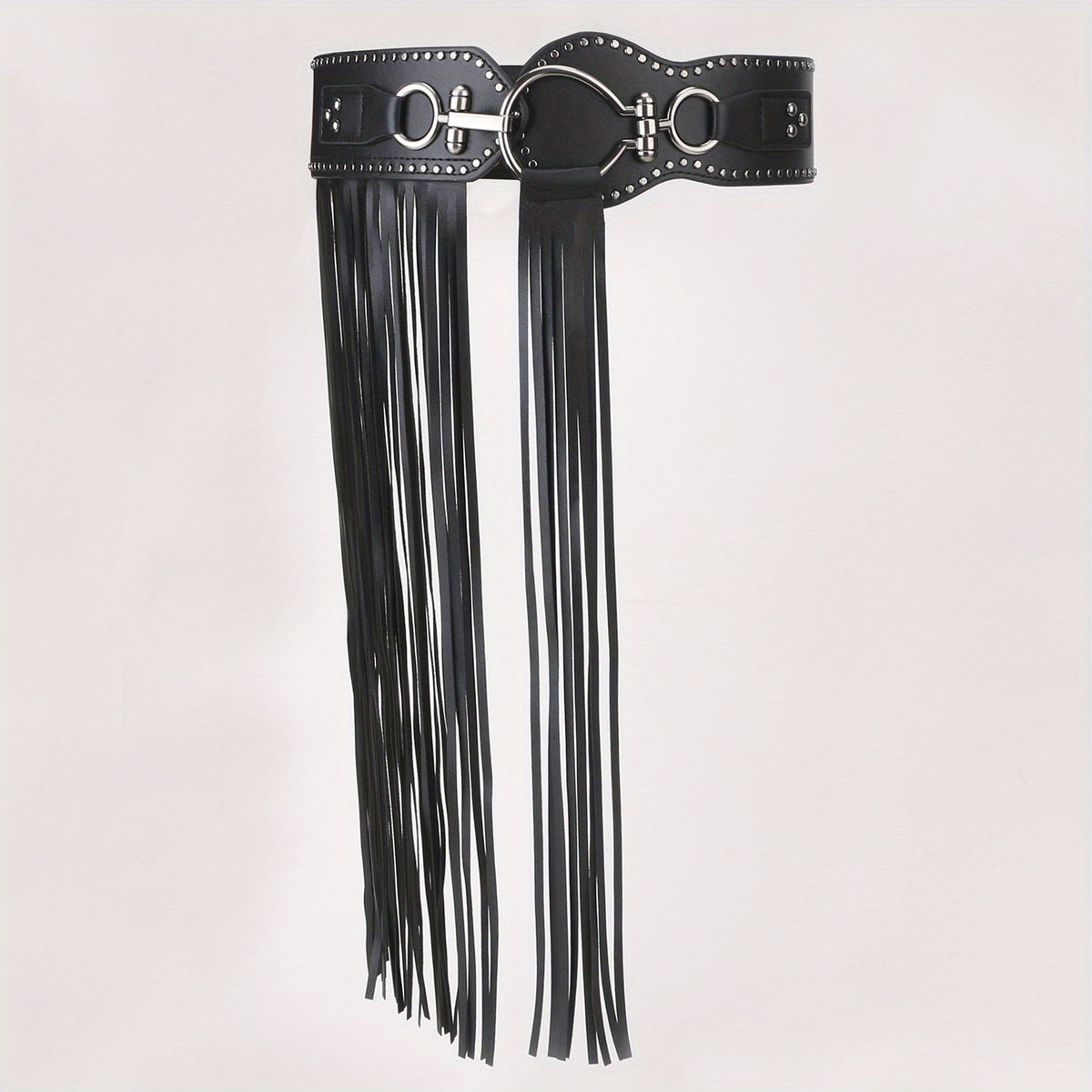  Punk Tassel Skirt PU Belt Rivet Decor Wide Waistband Fringe Girdle