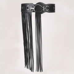  Punk Tassel Skirt PU Belt Rivet Decor Wide Waistband Fringe Girdle