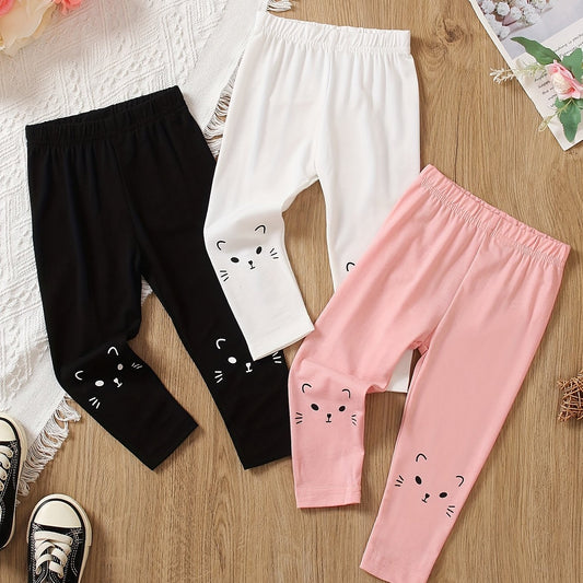 3pcs Girls Cat Print Leggings For Winter