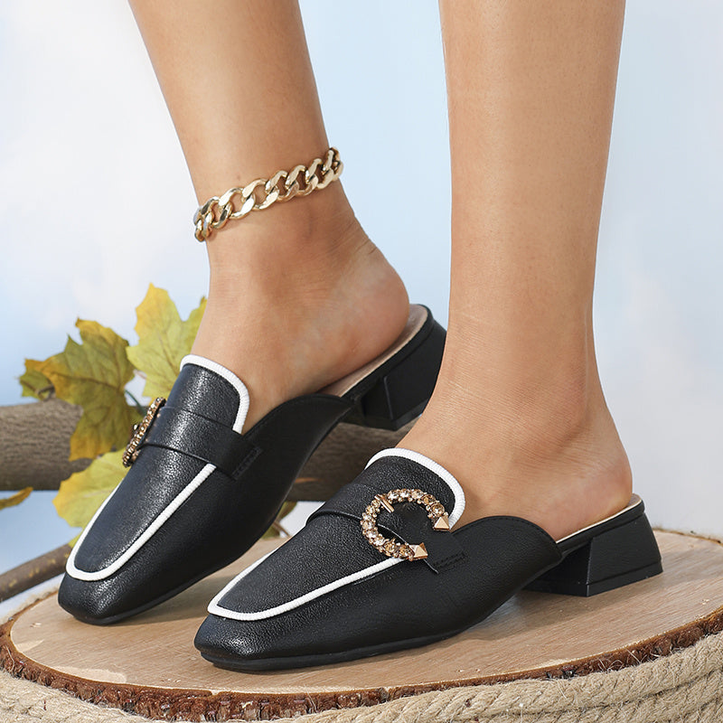 Low Heeled Mules Rhinestone Buckle Slip On Chunky Heels