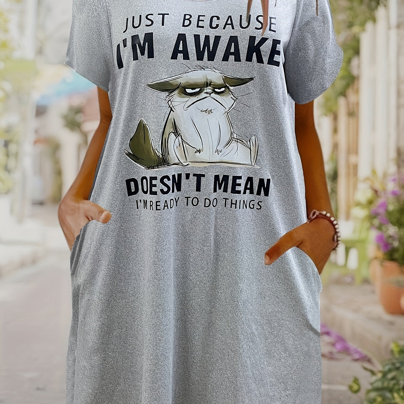  Slogan & Cartoon Cat Print Tee Dress With Pockets